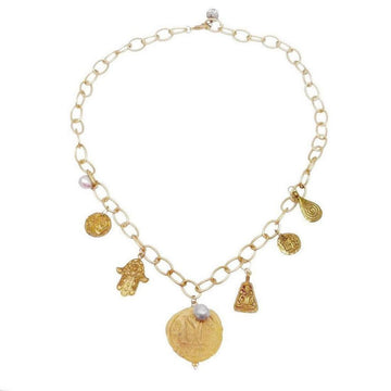 Gold chain necklace adorned with charms and pearls.
