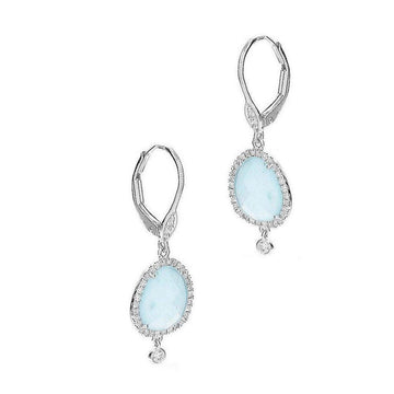 Elegant blue chalcedony earrings with diamond accents.
