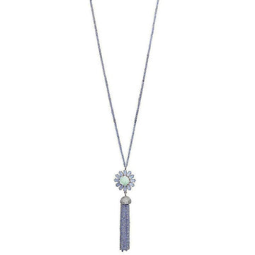 Long blue chalcedony beaded necklace with floral pendant and tassel charm.
