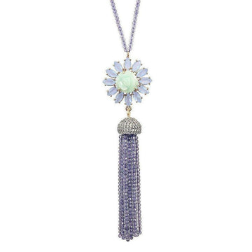 Blue Chalcedony Tassel Necklace with pale green floral charm & amethyst tassel
