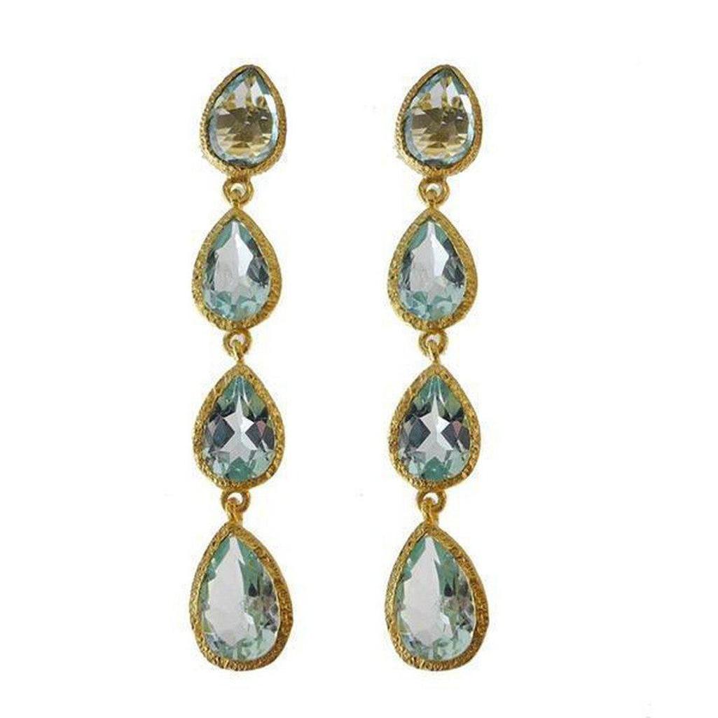 Elegant blue topaz drop earrings with three pear-shaped stones and gold settings.
