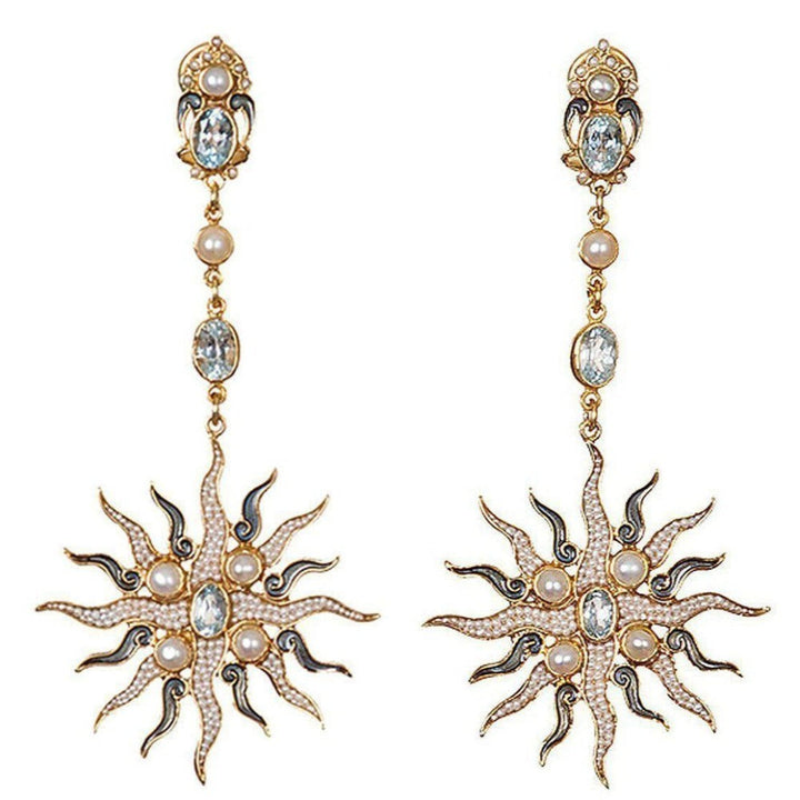 Blue Topaz and Pearl Sunburst earrings-Percossi Papi-Swag Designer Jewelry