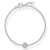 Silver chain bracelet with a central diamond halo pendant.
