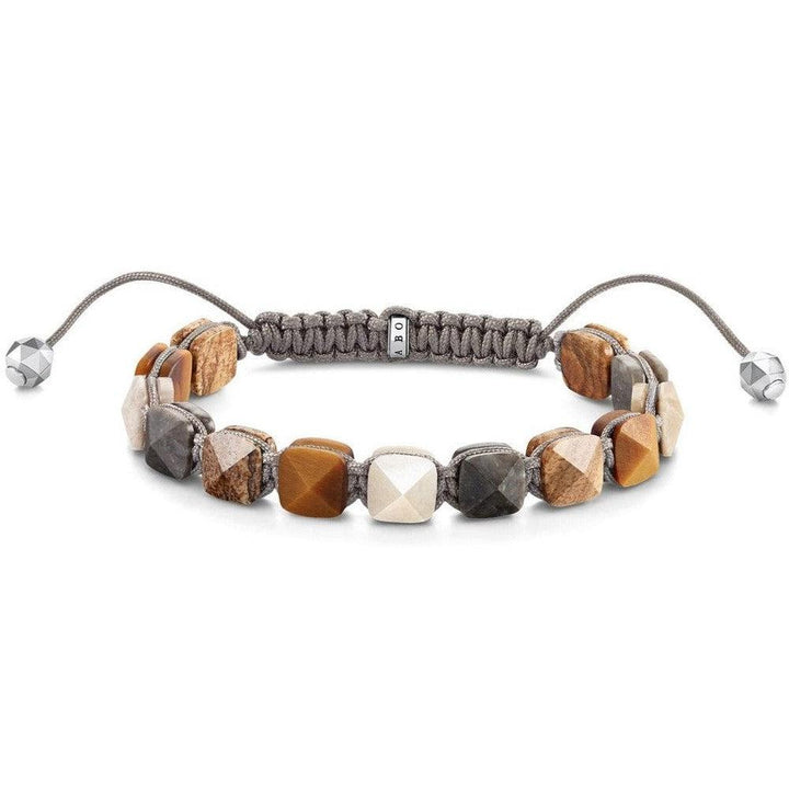 Tiger Eye stone bracelet with gray cord and silver accents.
