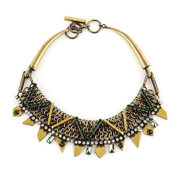 Brass necklace with green & clear rhinestones; geometric design.
