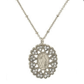 Silver necklace featuring a Virgin Mary pendant, surrounded by sparkling heart accents.
