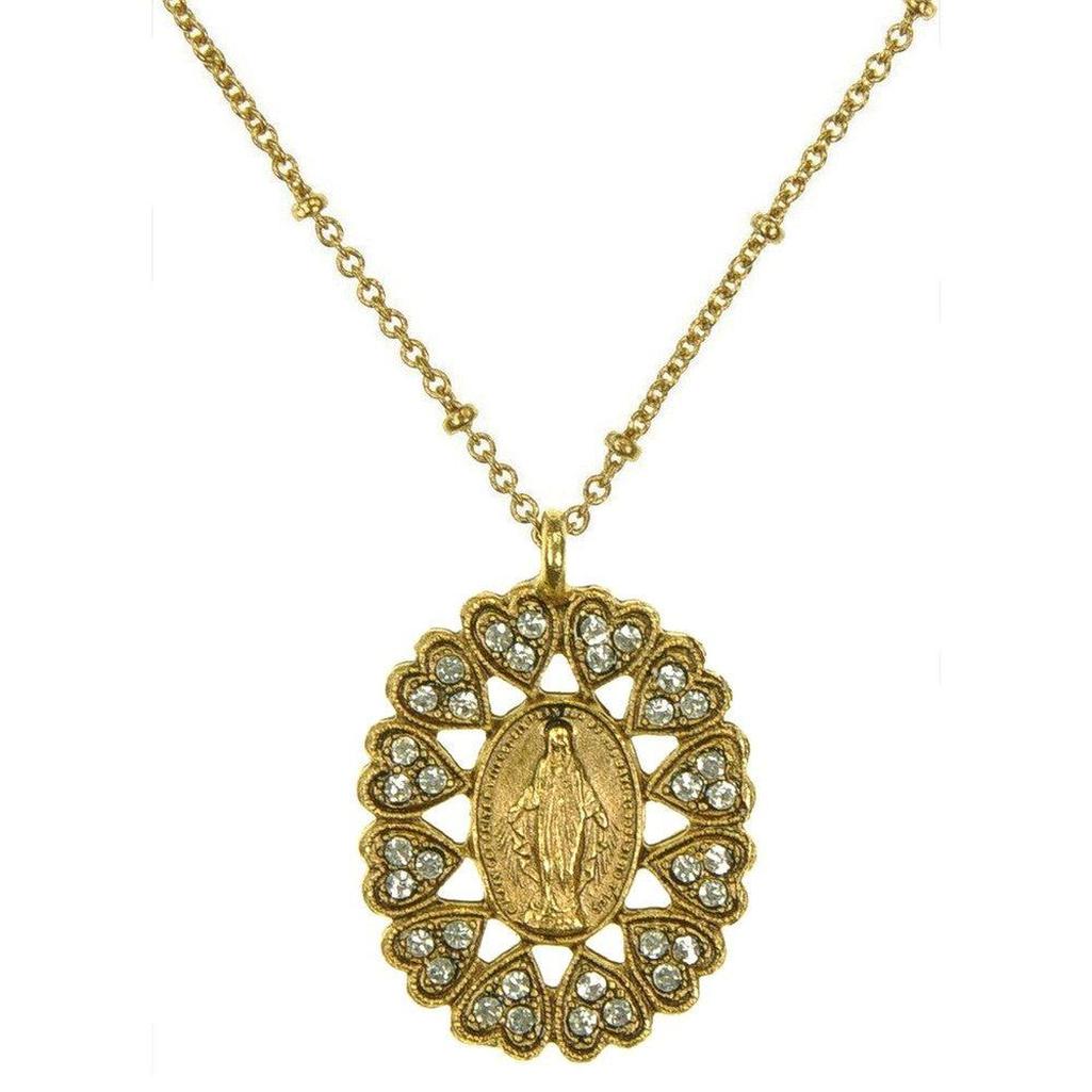 Gold Bringing Her Home necklace featuring Virgin Mary pendant, clear crystals, heart accents.
