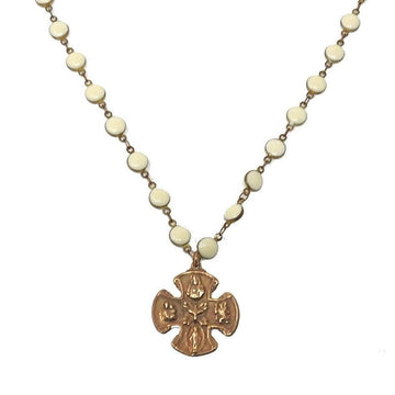 Bronze cross necklace with off-white beads
