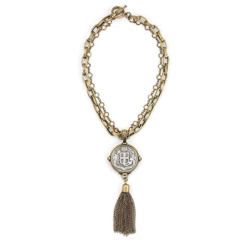 Bronze Tassel Necklace with Fabre Medallion-French Kande-Swag Designer Jewelry