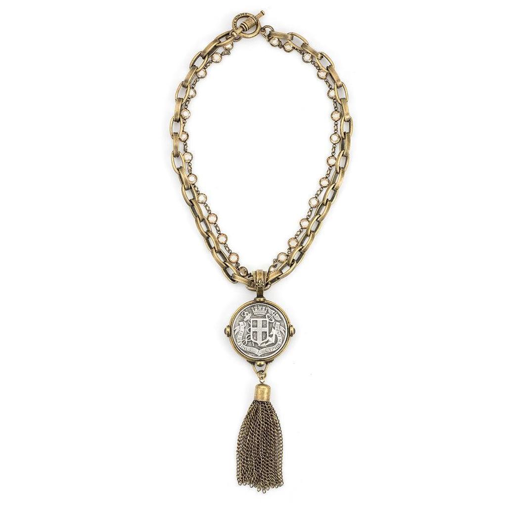 Bronze Tassel Necklace with Fabre Medallion-French Kande-Swag Designer Jewelry