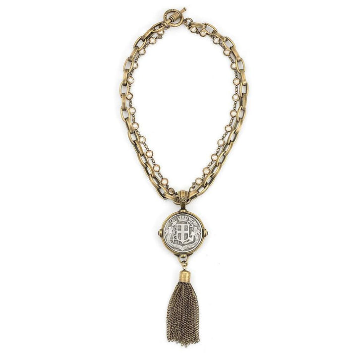 Bronze Tassel Necklace with Fabre Medallion-French Kande-Swag Designer Jewelry