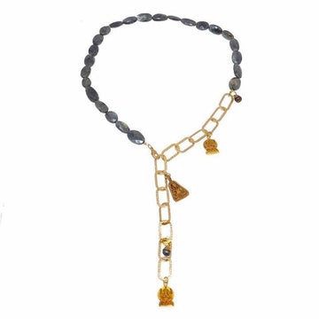 Labradorite gemstone necklace with gold chain and Buddha charms.
