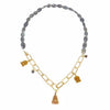 Labradorite & gold Buddha charm necklace; gray gemstone beads, gold chain, three Buddha pendants
