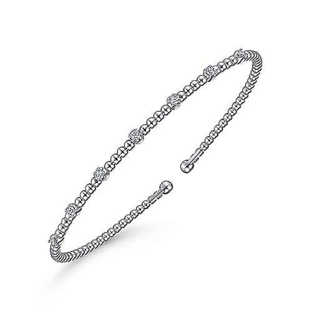 Bujukan Stationed Diamond Bar Bracelet: Beaded silver bangle with sparkling diamond accents.
