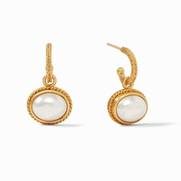 Calypso Hoop & Charm Earrings: Gold-plated hoops with oval white pearl accents.
