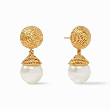 Calypso Pearl earrings: gold textured drop earrings with a large white pearl.

