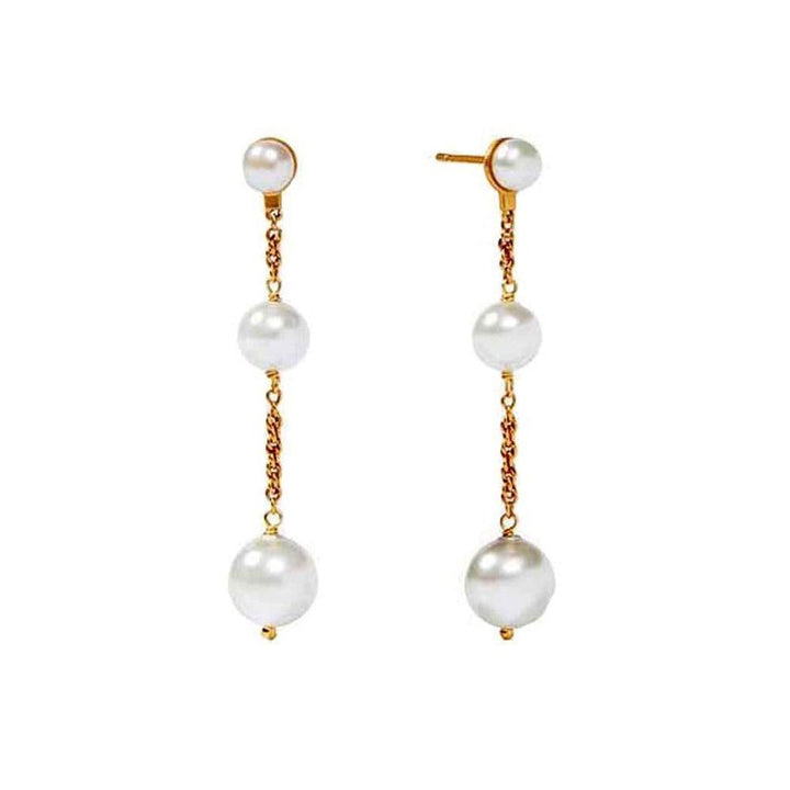 Cascade Pearl Earrings: Elegant gold chain drop earrings featuring three lustrous white pearls.
