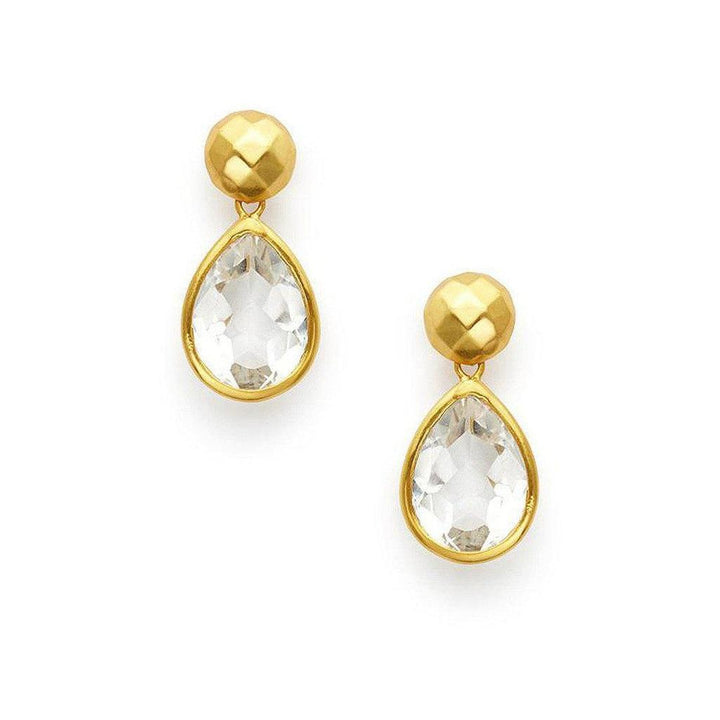 Catalina Midi earrings: Gold teardrop quartz earrings with textured gold ball accents.
