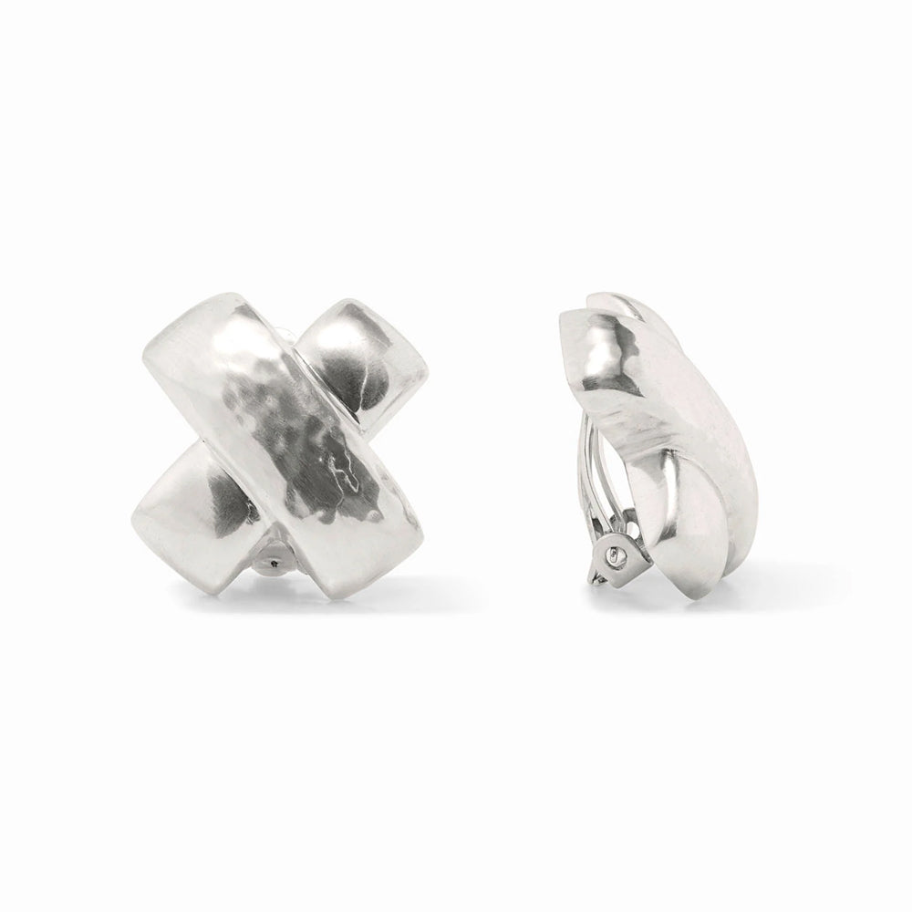 Julie Vos Catalina X-shaped clip-on earrings in polished silver plate with a textured, one-inch wide design.