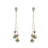 Elegant Chalcedony Drop Chandelier Earrings with gold chains and light green beads.
