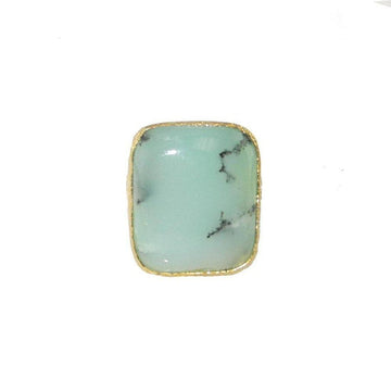 Rectangular chalcedony ring with gold setting, pale green stone with darker veining.
