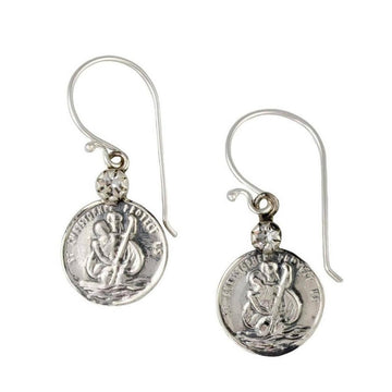 Silver St. Christopher medal earrings, featuring a faceted stone accent.
