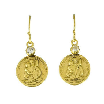 Gold Chariot earrings with diamond accents featuring St. Christopher.
