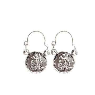 Silver hoop earrings featuring St. Christopher medallions and crystal accents.

