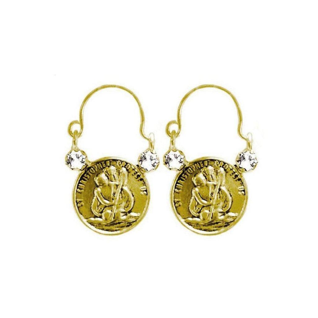 Gold Chariot hoop earrings with St. Christopher medallions and clear cubic zirconia accents.
