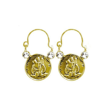 Gold Chariot hoop earrings with St. Christopher medallions and clear cubic zirconia accents.
