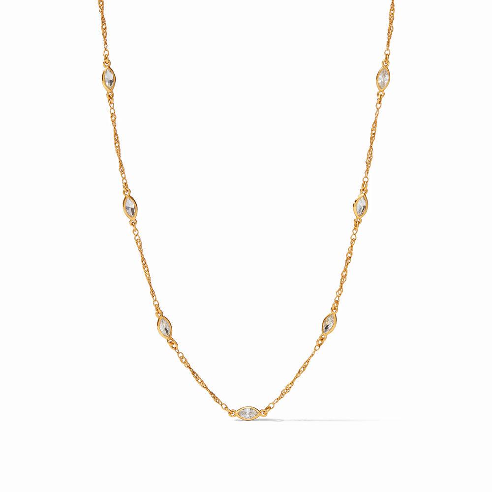 Gold Charlotte Delicate Station necklace with marquise-cut clear stones.
