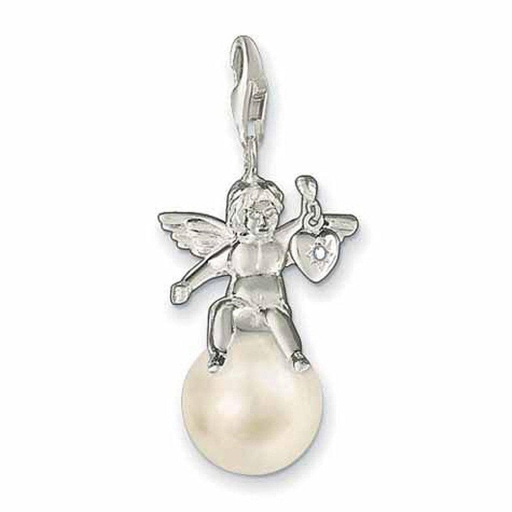 Charm 0519 Pearl with Angel: Silver cherub charm atop a pearl, holding a heart.
