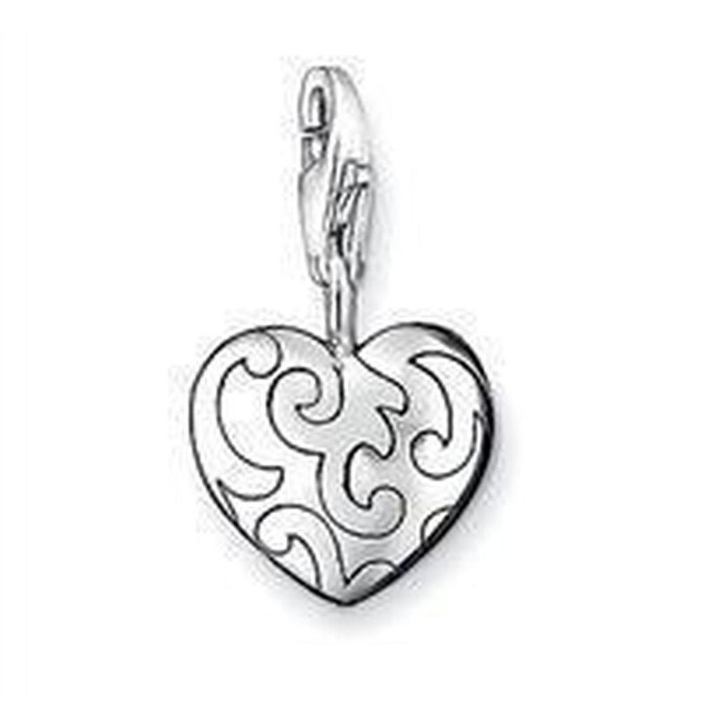 Charm 0605 Medallion etched heart charm; silver, heart-shaped pendant with intricate scroll design.
