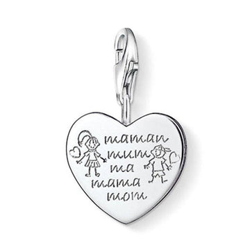 Sterling silver Charm 0784 Mom heart charm with children's drawing and "Mom" in multiple languages.
