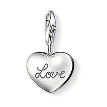 Silver heart charm with "Love" inscription, featuring a clip clasp.
