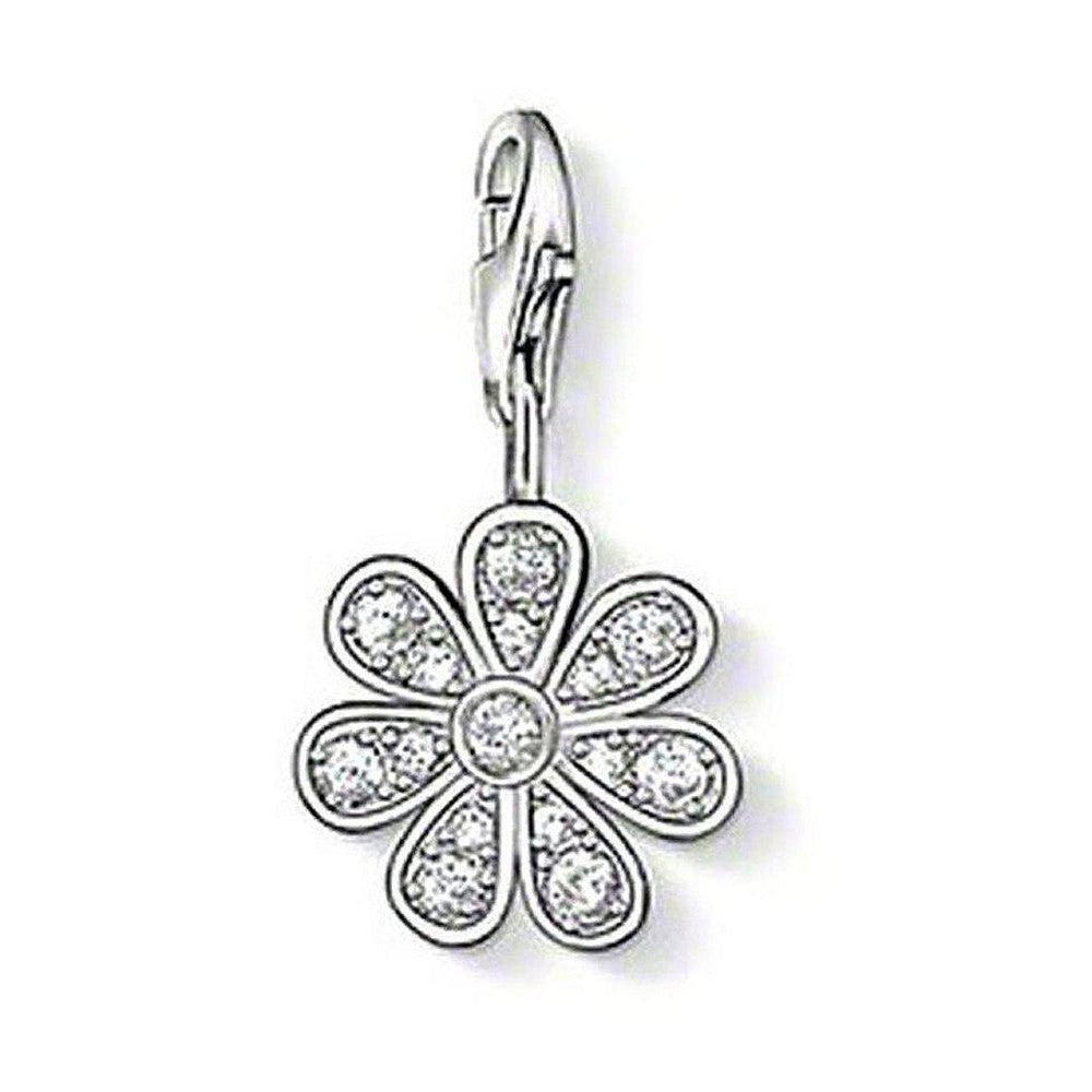 Charm 0814 Clear Zirconia Flower charm, silver daisy with clear cubic zirconia accents.
