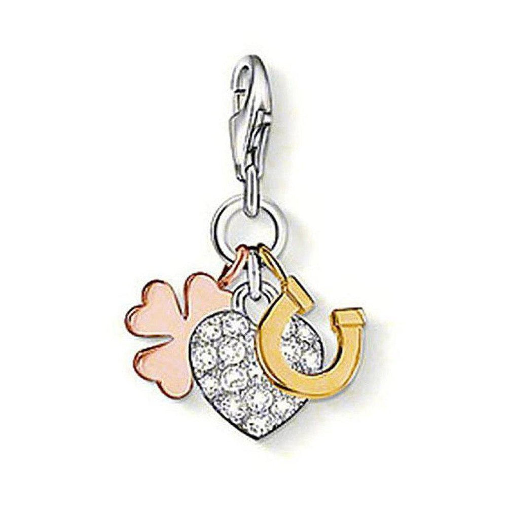 Charm 0944 Lucky Charm:  Silver, gold, and rose gold-tone charm featuring a crystal-encrusted heart, horseshoe, and four-leaf clover.
