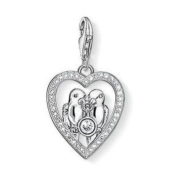 Charm 1101 Love Birds: Silver heart-shaped charm featuring two lovebirds and sparkling cubic zirconia accents.
