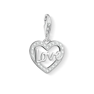 Charm 1310 Love Heart: Silver heart charm with clear cubic zirconia accents and "Love" lettering.
