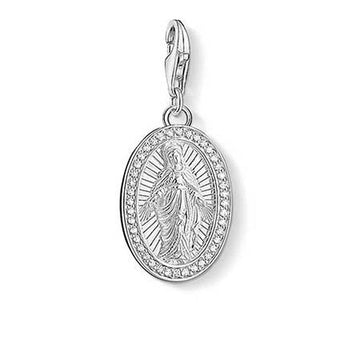 Charm 1359 Holy Mary charm, silver oval pendant with cubic zirconia accents, featuring Madonna image.
