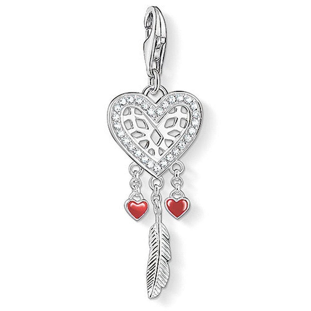 Charm 1426 Heart Dreamcatcher: Silver heart charm with red enamel hearts & feather, adorned with clear cubic zirconia.
