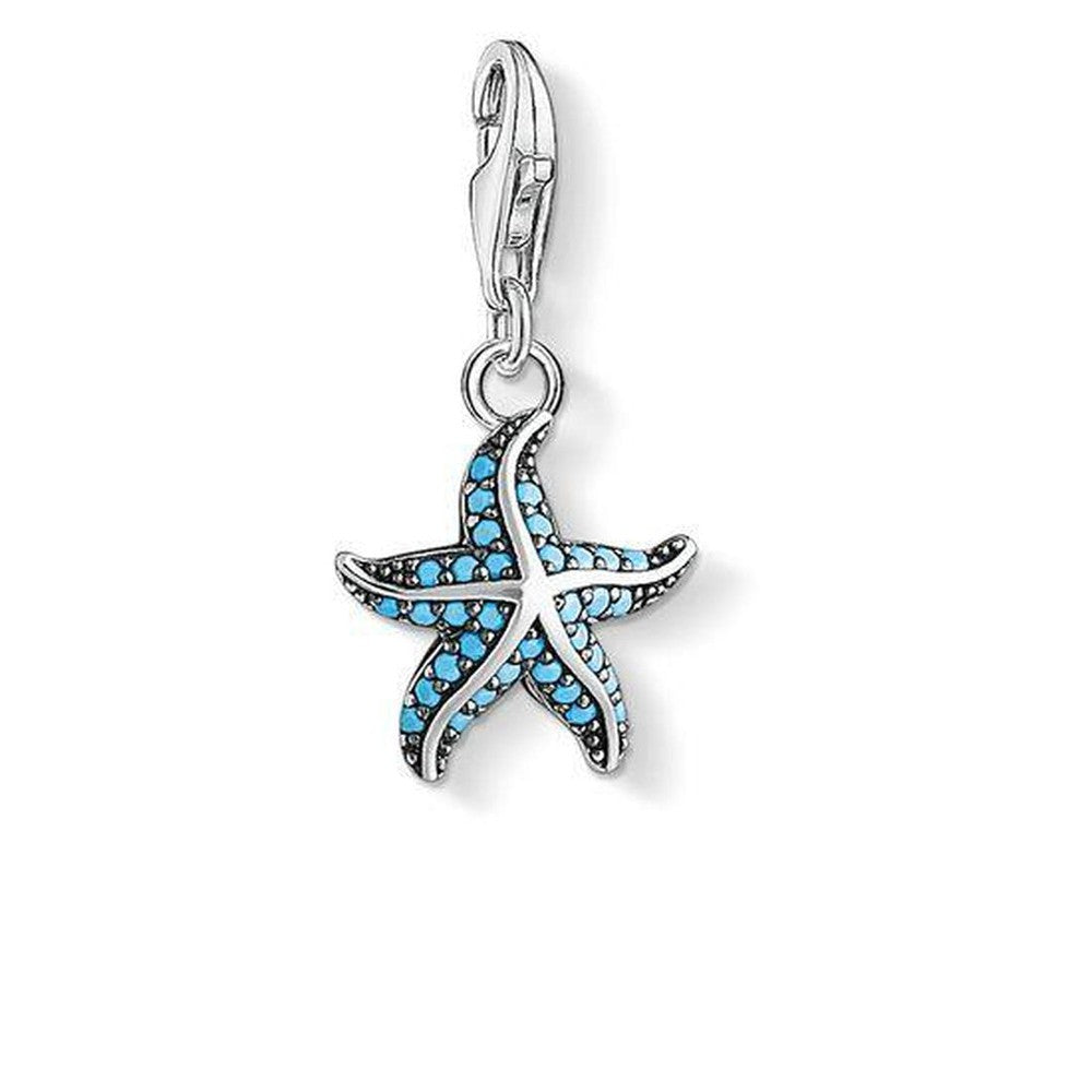 Charm 1521 Starfish charm, silver starfish pendant with light blue accents.
