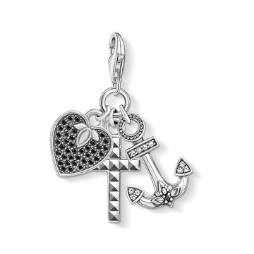 Charm 1555 Faith Hope Love charm: silver-tone anchor, cross, black heart with clear & black crystals.
