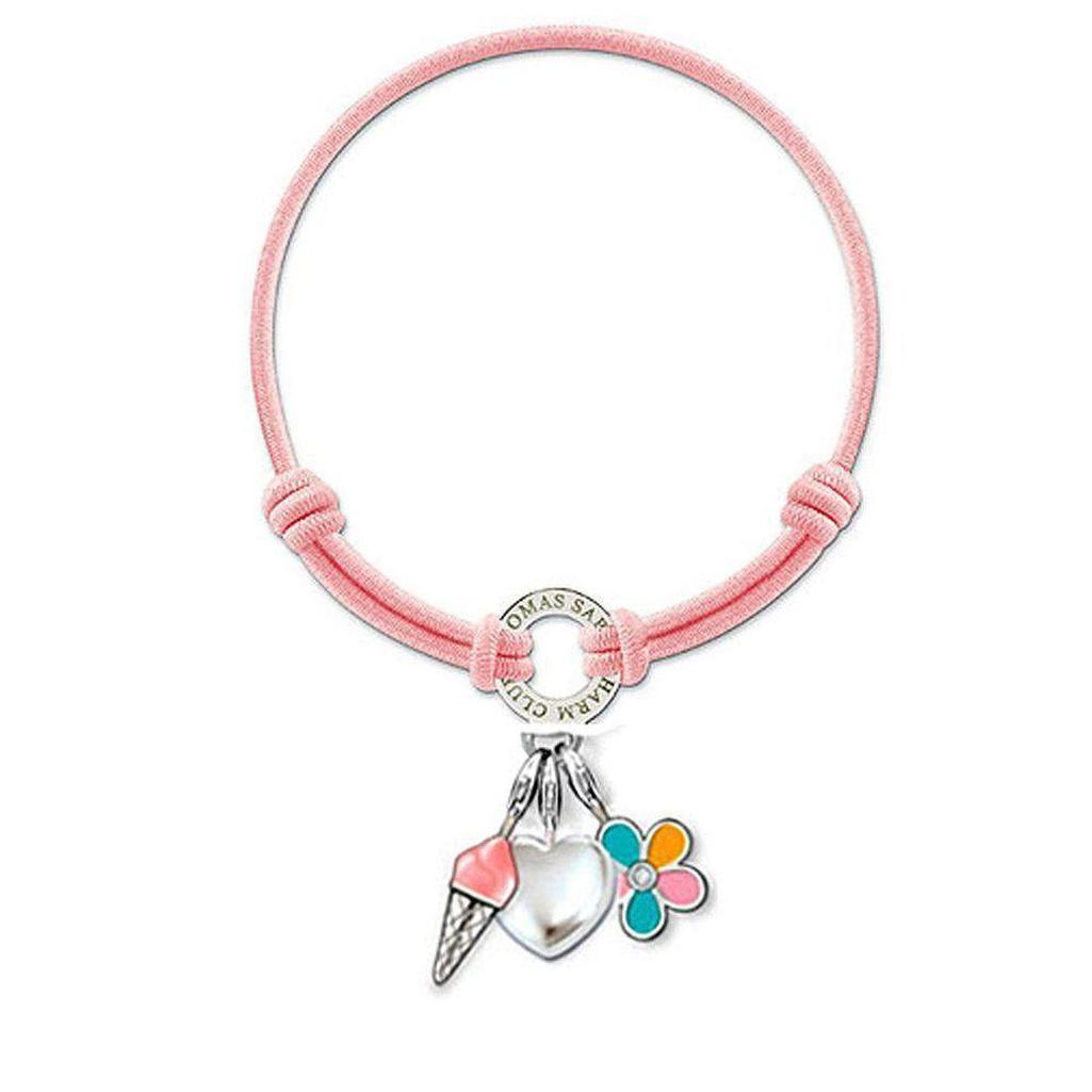 Pink elastic bracelet with silver charm featuring ice cream, heart, and flower pendants.

