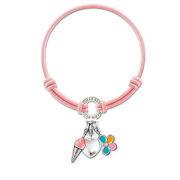 Pink elastic bracelet with silver charm featuring ice cream, heart, and flower pendants.
