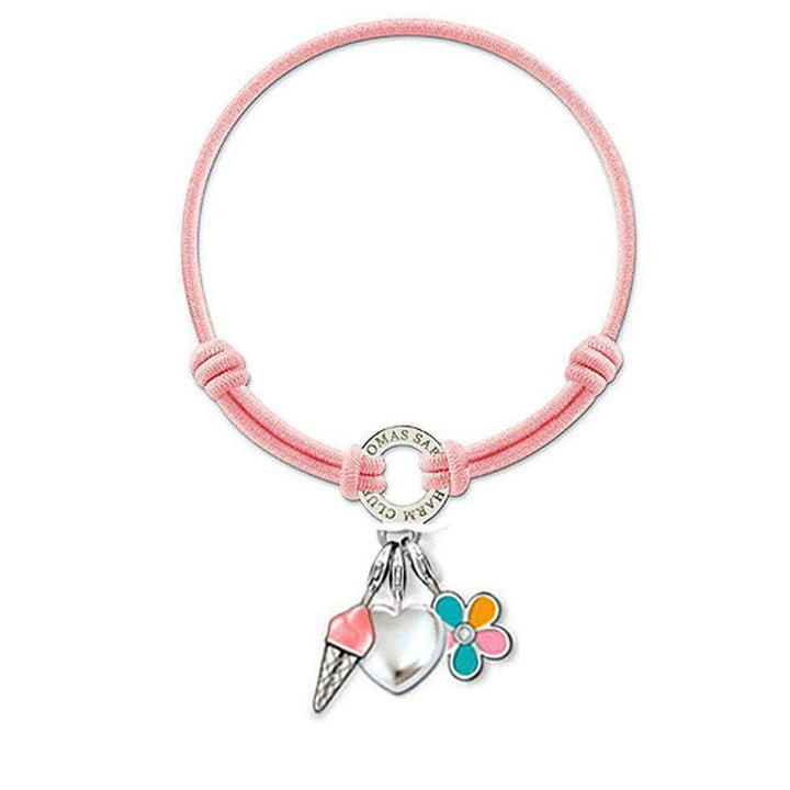 Pink elastic bracelet with silver charm featuring ice cream, heart, and flower pendants.
