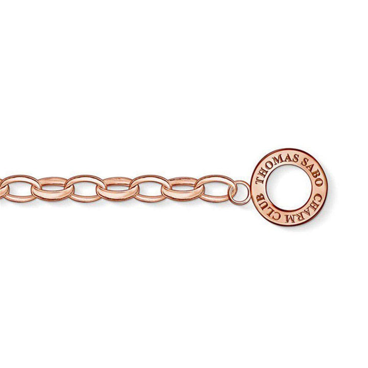 Rose gold charm bracelet links;  oval chain with engraved disc.
