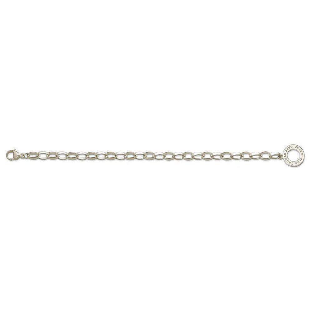 Silver chain bracelet featuring a circular charm.
