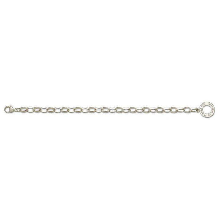 Silver chain bracelet featuring a circular charm.
