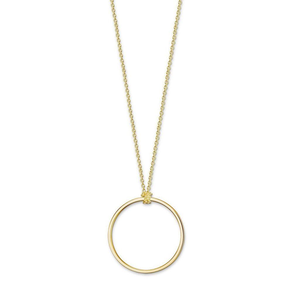 Gold Charm Carrier Circle Necklace: Minimalist gold circle pendant on delicate chain.
